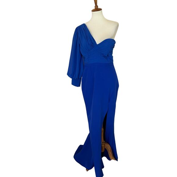 Elle Zeitoune Blue One Shoulder Structured Gown LARGE Formal Slit Designer $410 - Picture 5 of 12